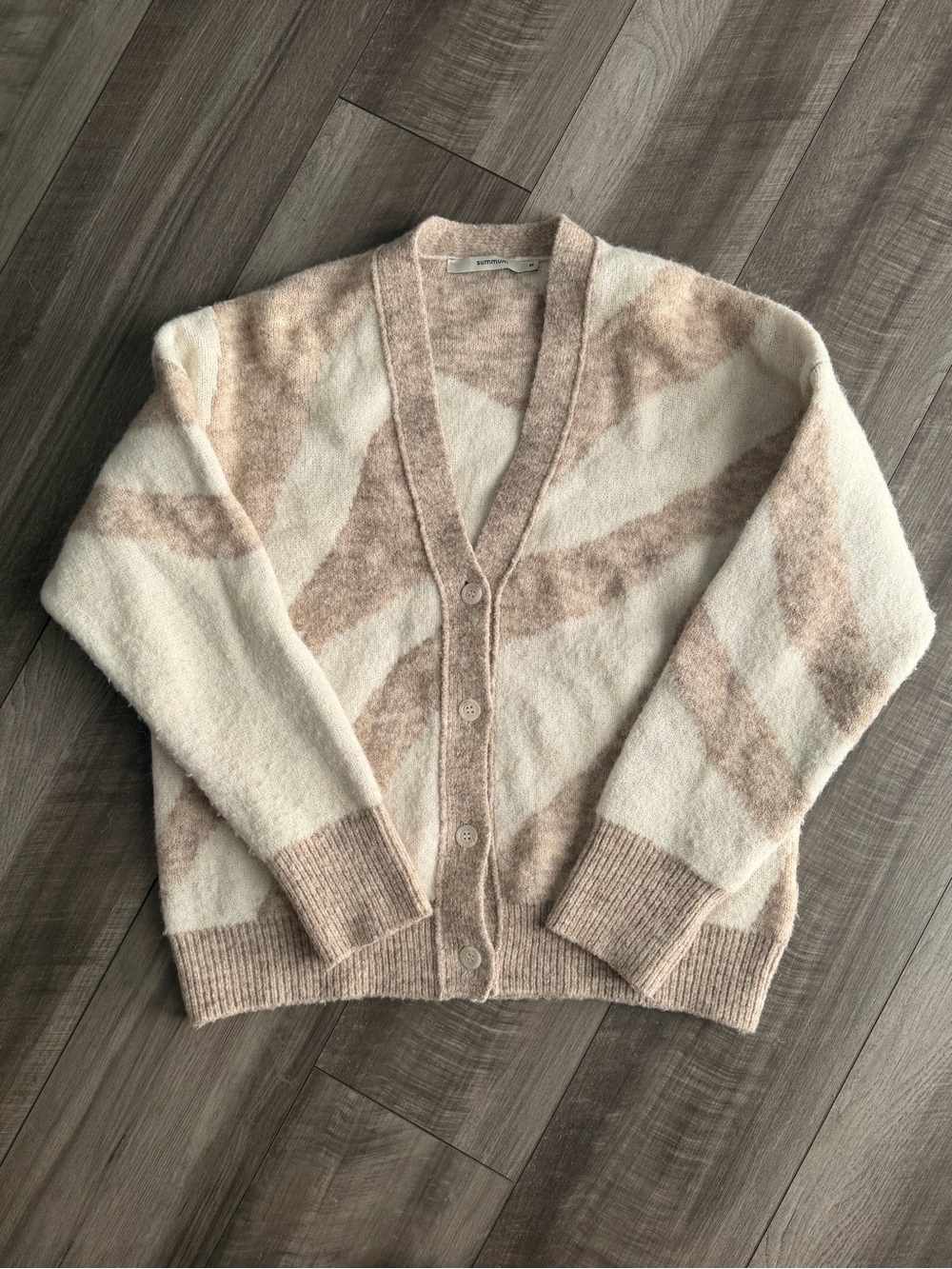 Summum Women’s Intarsia Knit V-Neck Button-Down Cardigan Cream Tan Dutch Sz M